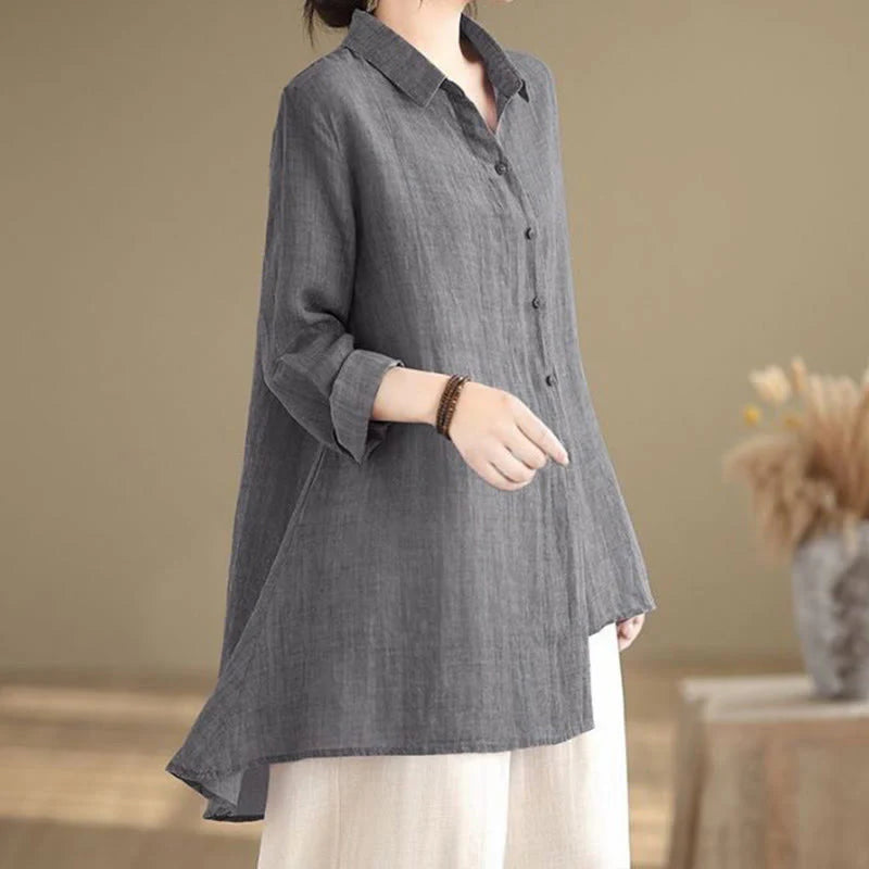 Buddha Stones Irregular Design Buttons Long Sleeve Women's Cotton Shirt