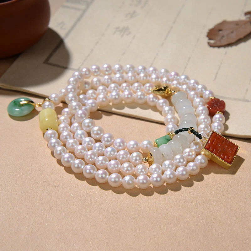 Buddha Stones 925 Sterling Silver Pearl Hetian Jade Red Agate Double Happiness Amber Luck Quadruple Wrap Bracelet (Extra 30% Off | USE CODE: FS30)