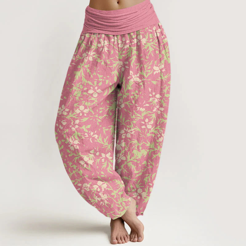 Buddha Stones Pure Cotton Abstract Flowers Leaves Pattern Women's Elastic Waist Harem Pants