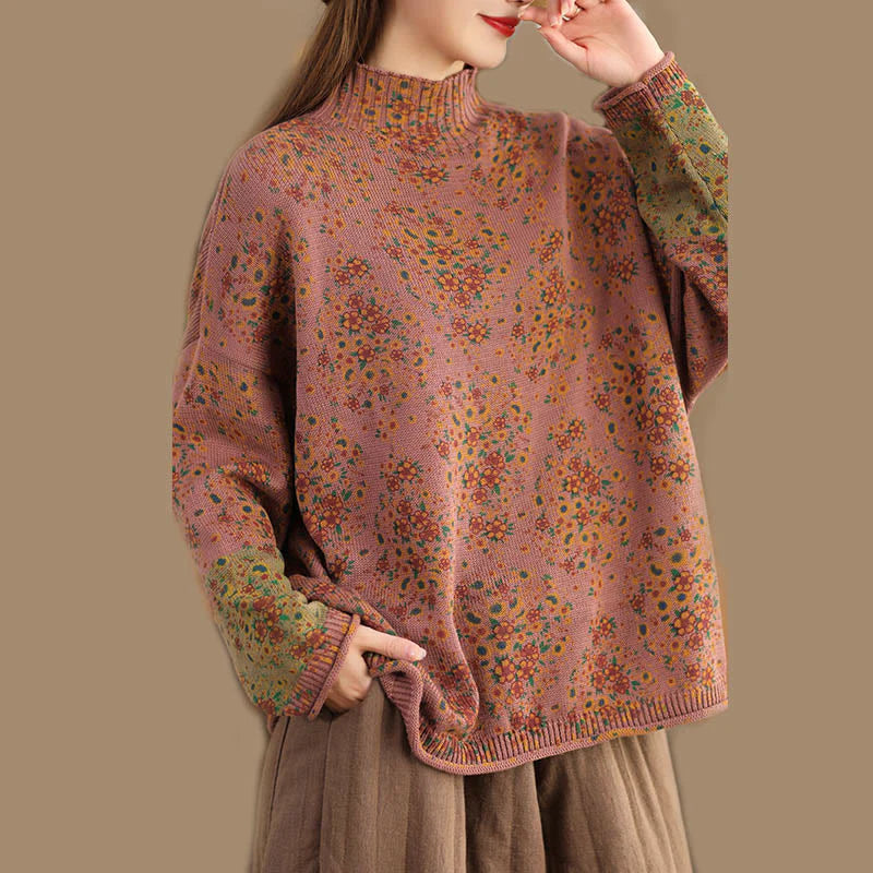 Buddha Stones Fall Printing Floral Long Sleeve Mock Neck Women's Knitted Cotton Sweater