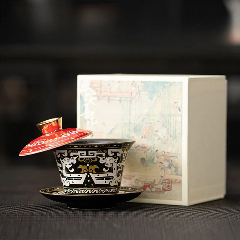 Buddha Stones Thangka Dragon Buddhas Dunhuang Ceramic Gaiwan Sancai Kung Fu Tea Cup And Saucer With Lid Gift Box 180ml
