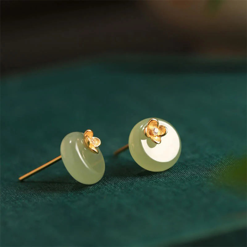 Buddha Stones Cyan Jade 925 Sterling Silver Flower Harmony Earrings