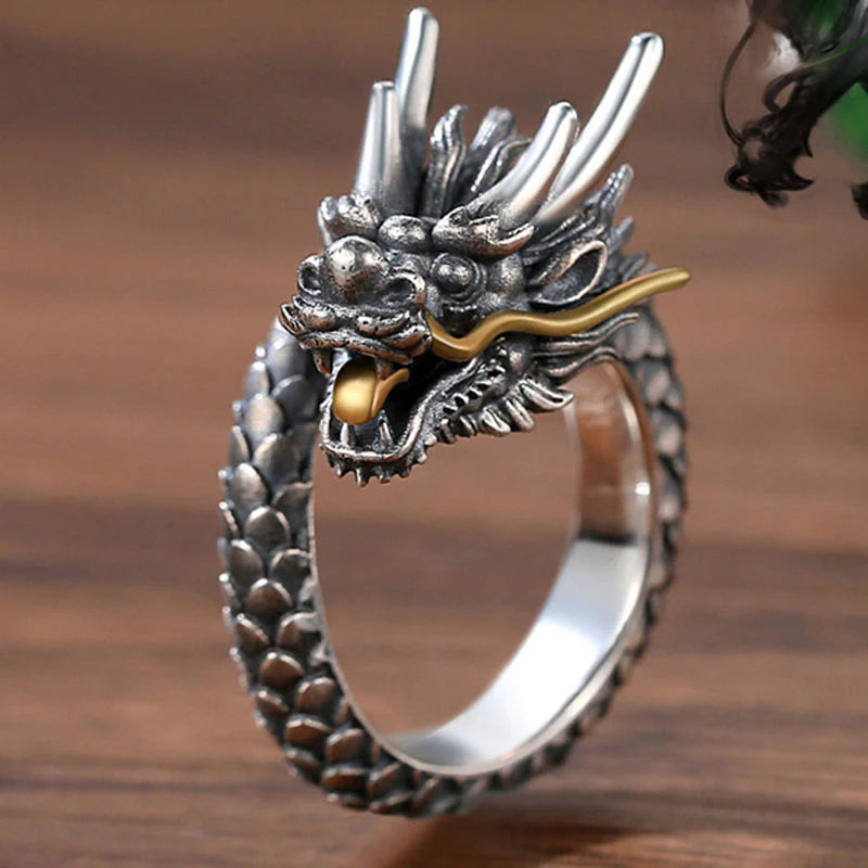 Buddha Stones 925 Sterling Silver Vintage Dragon Design Protection Strength Adjustable Ring  (Extra 30% Off | USE CODE: FS30)