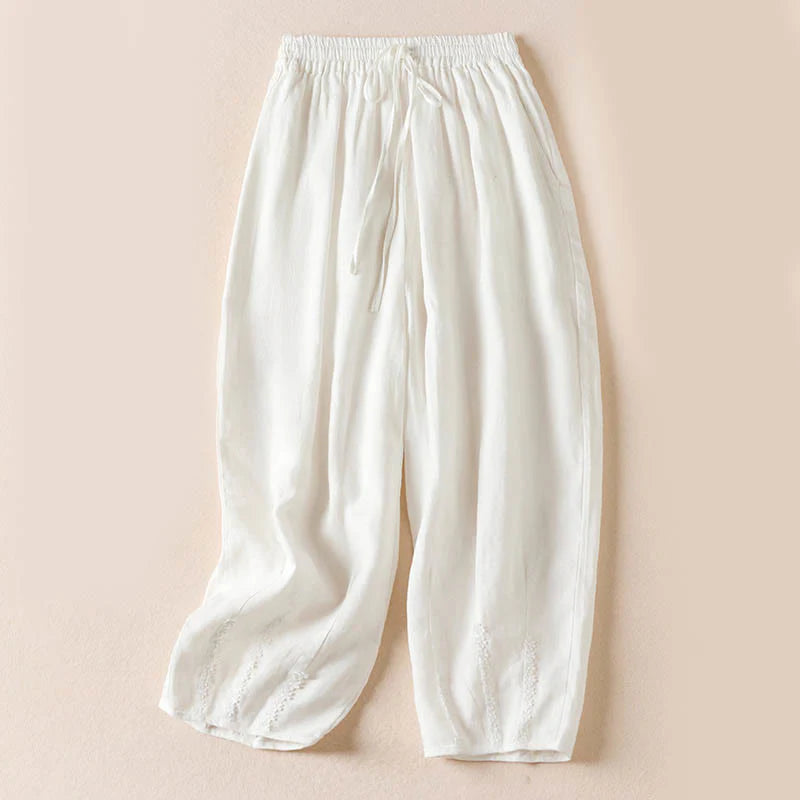 Buddha Stones Summer Small Flower Embroidery  Harem Pants With Pockets