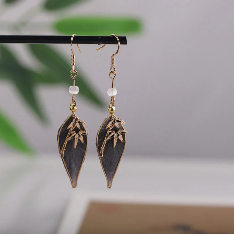 Buddha Stones Handcrafted Silk Art Bamboo Design Copper Hook Luck Protection Dangle Earrings