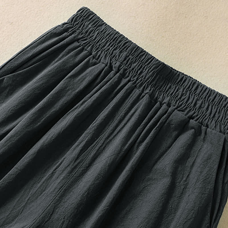 Buddha Stones High Waist Capri Cropped Women's Wide Leg Cotton Pants With Pockets