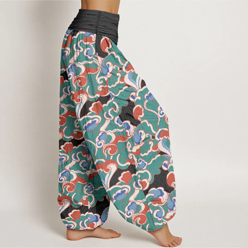 Buddha Stones Pure Cotton Small Clouds Gathered Women's Elastic Waist Harem Pants