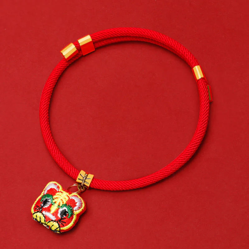 Buddha Stones Red String Plaited Embroidery Tiger Fu Character Protection Adjustable Cats Dogs Pet Collar