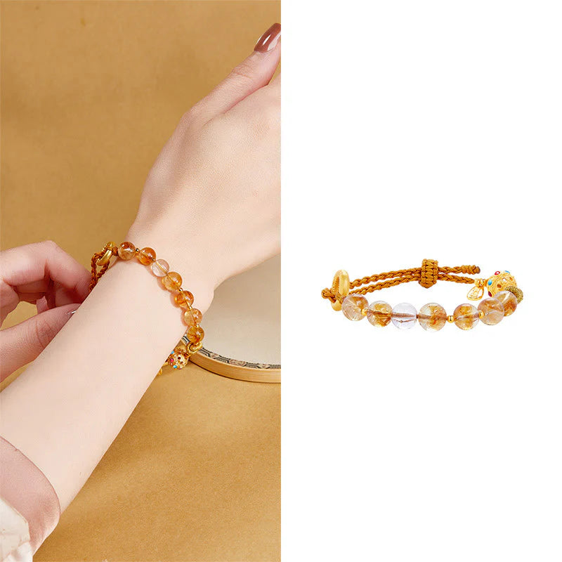 Buddha Stones 925 Sterling Silver Natural Citrine White Crystal Peace Buckle Meaning Fu Character Protection Braided String Bracelet