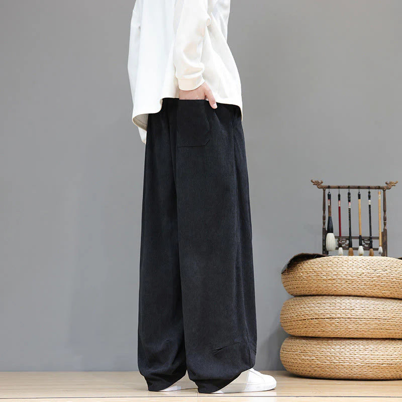 Buddha Stones Plain Color Pure Cotton Corduroy Men's Harem Pants With Pockets