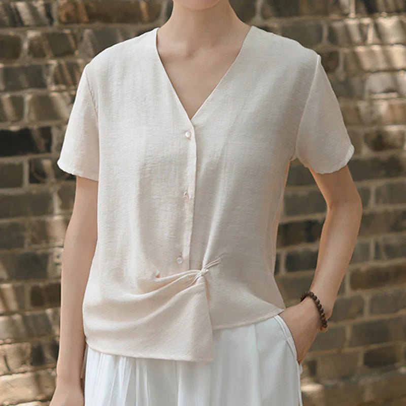 Buddha Stones Button Irregular Design V-Neck Cotton Linen Women's Short Sleeve Shirt