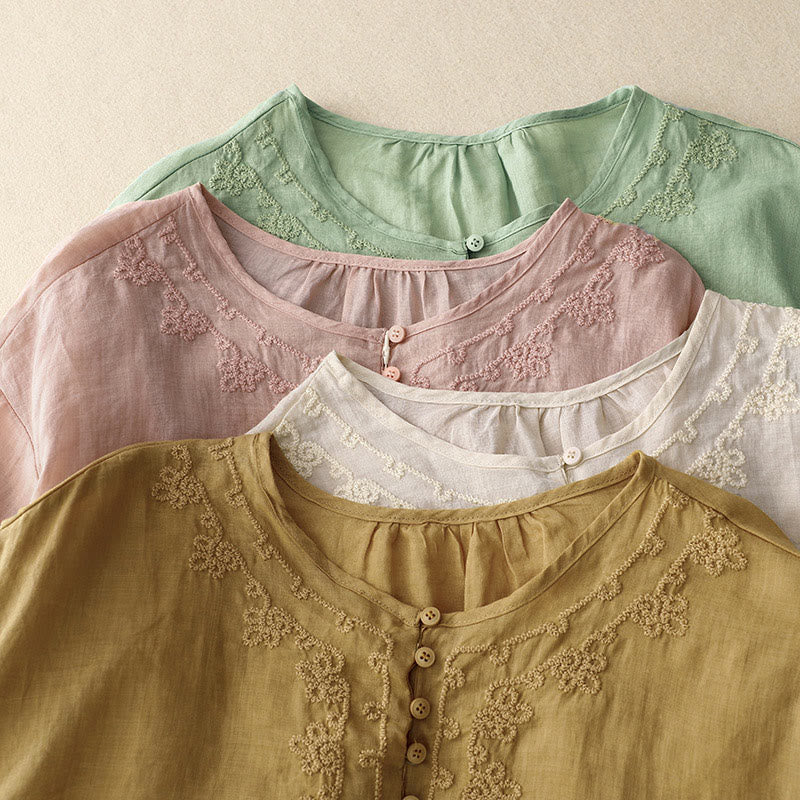 Buddha Stones Line Embroidery Button Crew Neck Half Sleeve Women's Cotton Shirt