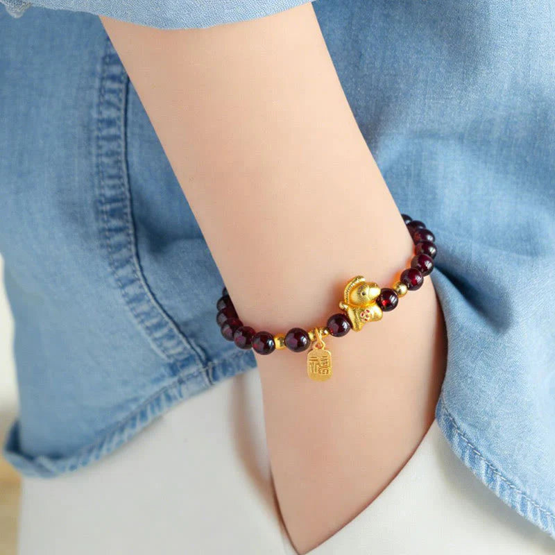 Buddha Stones Year Of The Horse Garnet Fu Character Protection Bracelet