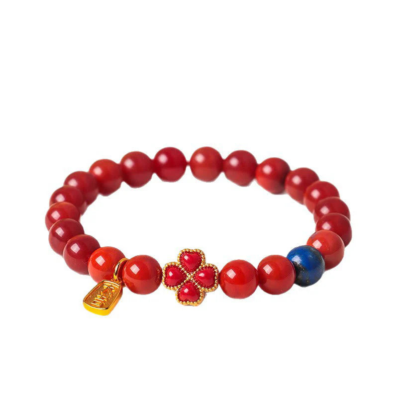 Buddha Stones Four Leaf Clover Flower Gourd South Red Agate White Agate Positive Beaded Bracelet