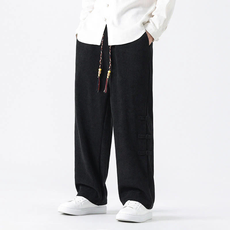 Buddha Stones Fall Solid Frog-Button Men's Drawstring Corduroy Straight Leg Pants With Pockets