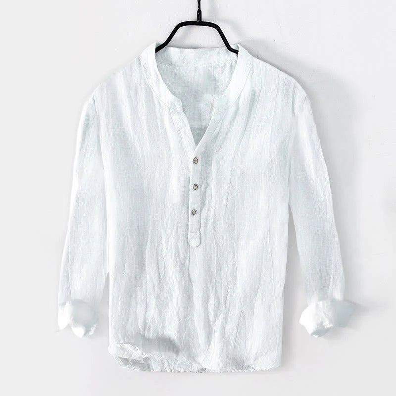 Buddha Stones Solid Color Short Sleeve Half Button Shirt Cotton Linen Men Clothing