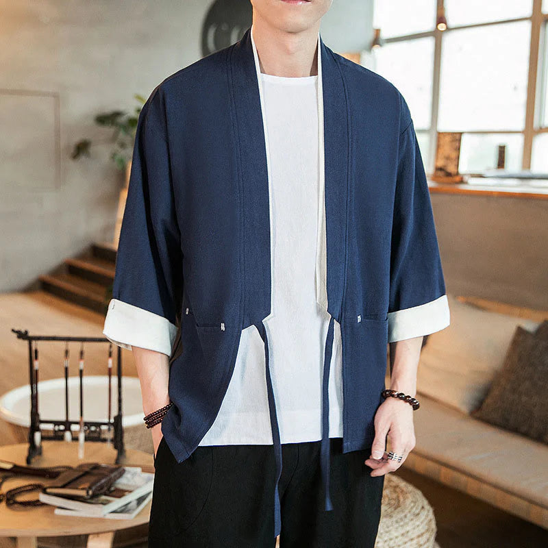 Buddha Stones Lace-Up Design Jacket Cotton Linen Men's Three Quarter Sleeve Kimono With Pockets