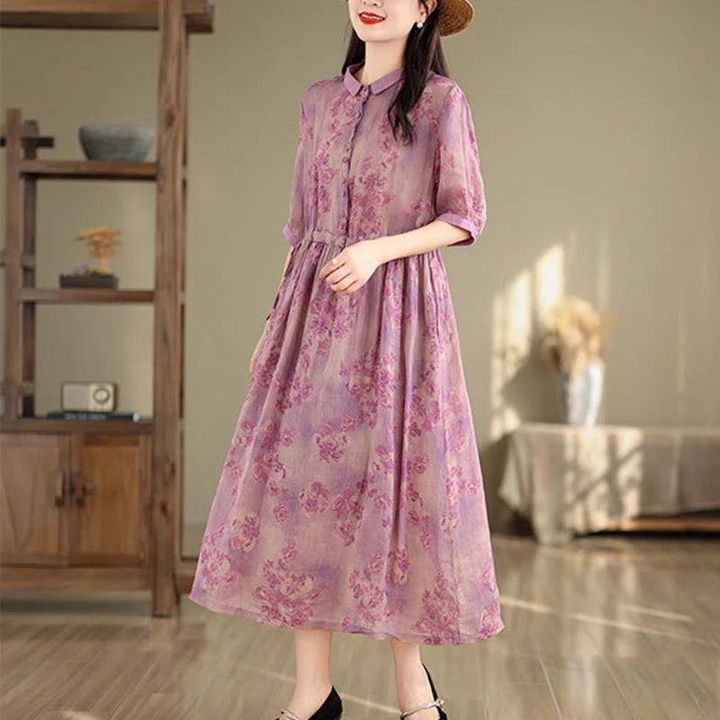 Buddha Stones Retro Printing Floral Pattern Drawstring Design Half Sleeve Cotton Midi Dress With Pockets