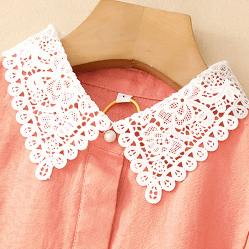 Buddha Stones Summer Hollow Lace Design Lapel Sleeveless Cotton Midi Dress With Pockets