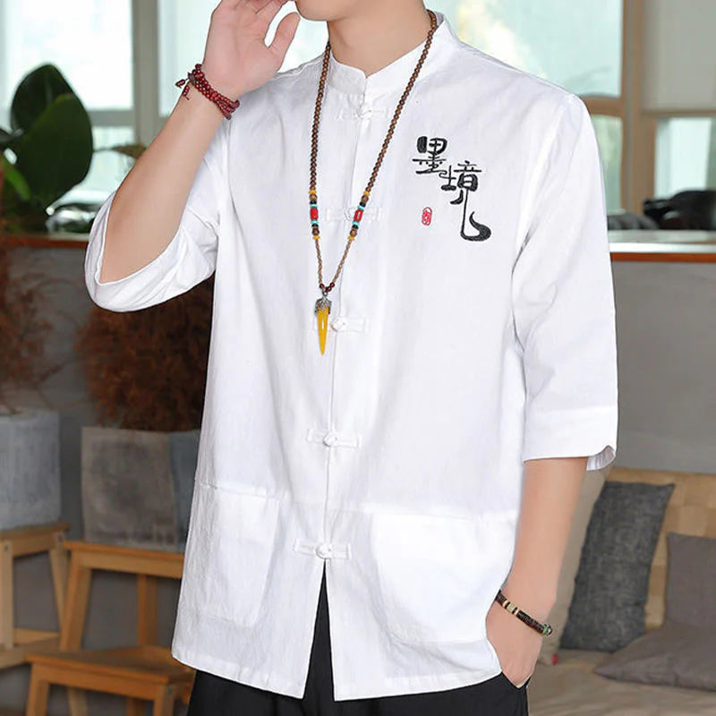 Buddha Stones Frog-Button Chinese Tang Suit Three Quarter Sleeve Cotton Linen Men's Shirt