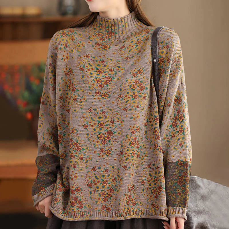 Buddha Stones Fall Printing Floral Long Sleeve Mock Neck Women's Knitted Cotton Sweater