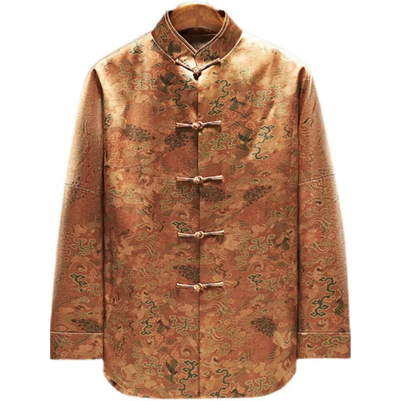 Buddha Stones 100% Mulberry Silk 30 Momme Phoenix Auspicious Clouds Long Sleeve Men's Jacket
