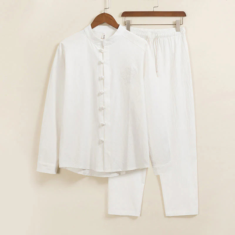 Buddha Stones 2Pcs Plain Men's Frog-Button Long Sleeve Cotton Shirt Pants Set With Pockets