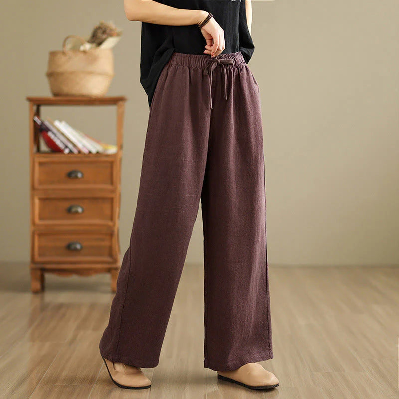 Buddha Stones Commute Retro Solid Color Women's Harem Drawstring Cotton Pants With Pockets