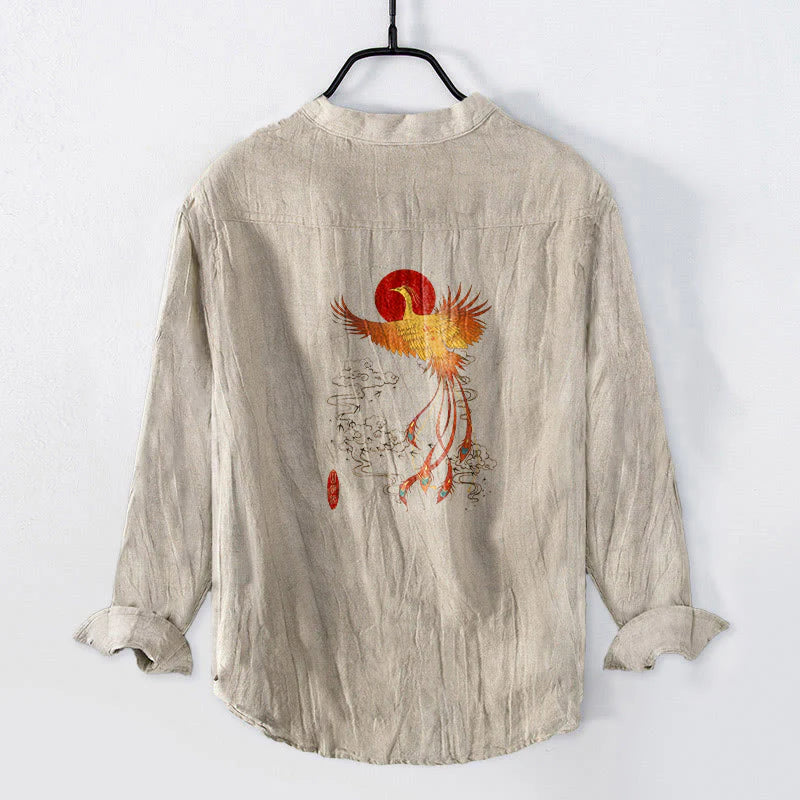 Buddha Stones Phoenix Clouds Red Sun Pattern Half Buttons Men's Cotton Linen Long Sleeve Shirt