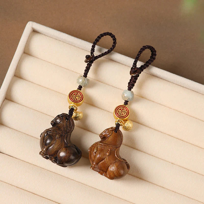 Buddha Stones Year Of The Horse Fu Character Small Leaf Red Sandalwood Various Sandalwood Balance Key Chain