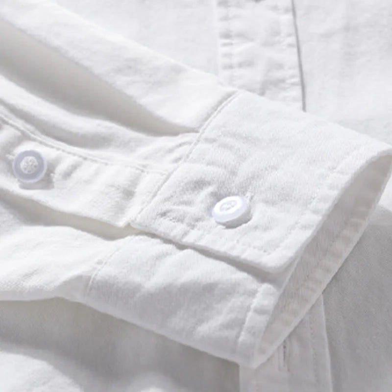 Buddha Stones Casual Solid Buttons Down Decorative Pocket Men's Stand Collar Long Sleeve Cotton Shirt
