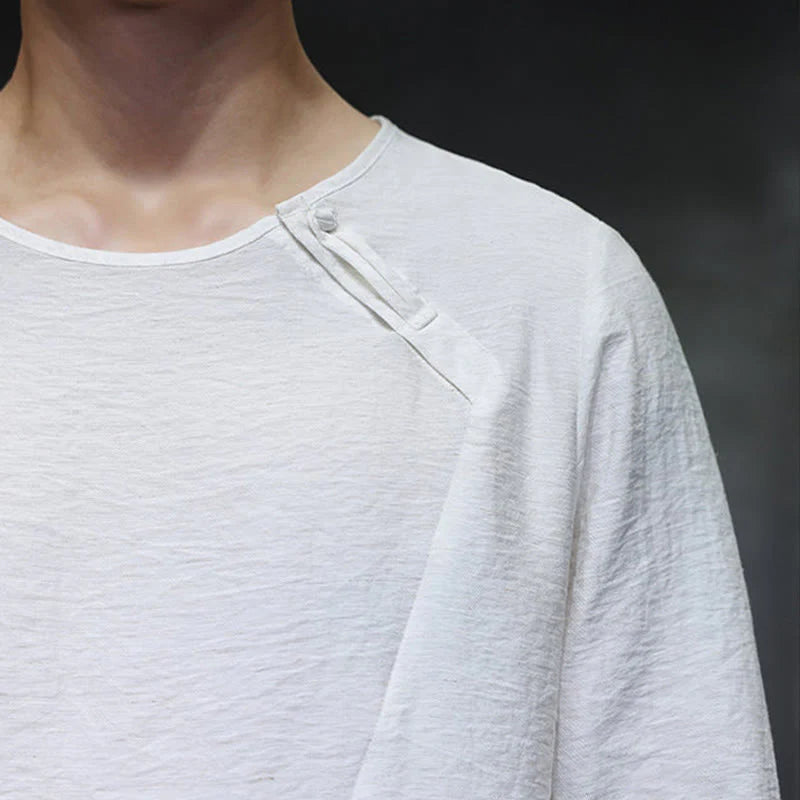 Buddha Stones Solid Color Loose Long Sleeve Round Neck Men's Shirts