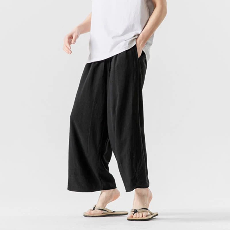 Buddha Stones Summer Plain Drawstring Design Linen Cotton Men's 7-8 Length Pants With Pockets