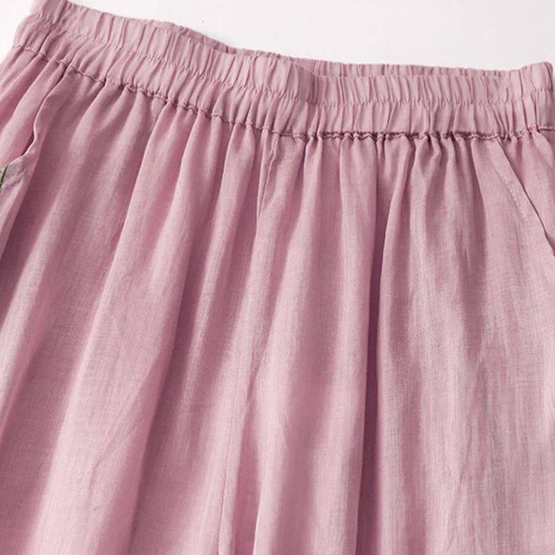 Buddha Stones Summer Embroidery Double Layer Cotton Linen Women's Wide Leg Pants With Pockets