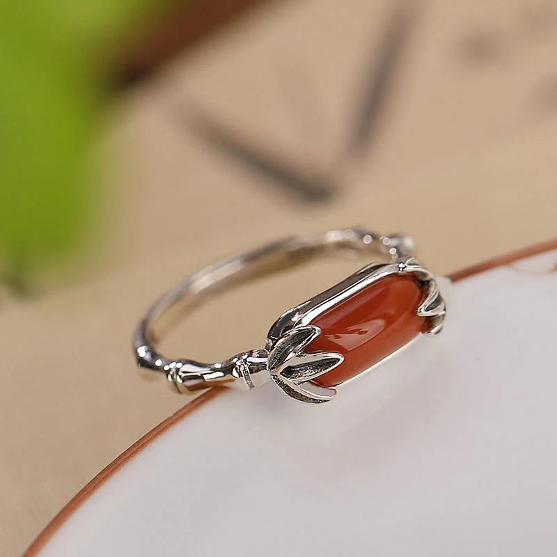 Buddha Stones 925 Sterling Silver Red Agate Bamboo Pattern Calm Bracelet Ring Jewelry Set (Extra 30% Off | USE CODE: FS30)