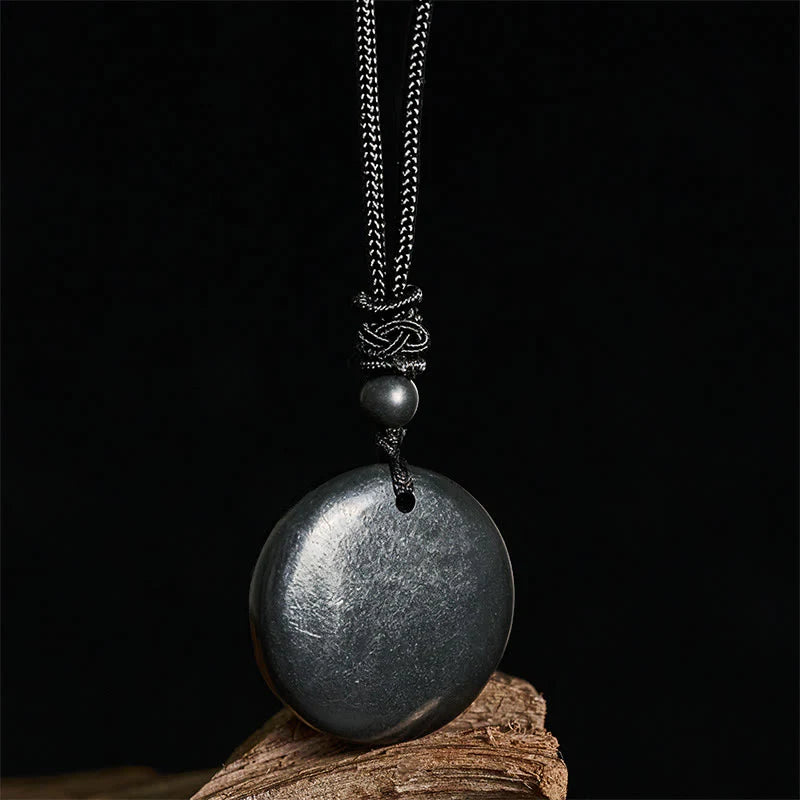 Buddha Stones Geometric Round Authentic Shungite Stone Rope Inner Strength Necklace Pendant