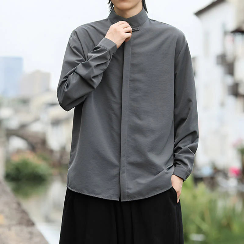 Buddha Stones Solid Color One Frog-Button Long Sleeve Cotton Men's Shirt