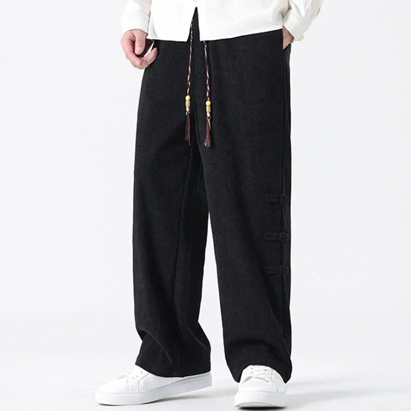 Buddha Stones Fall Solid Frog-Button Men's Drawstring Corduroy Straight Leg Pants With Pockets