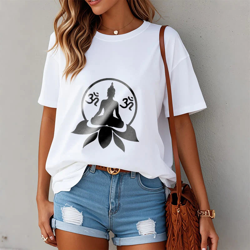Buddha Stones OM Symbol Sanskrit Mantras Buddha Seated On Lotus Flower Design Tee T-shirt