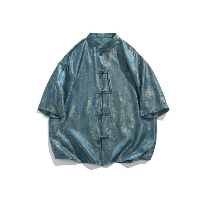 Buddha Stones Summer Frog-Button Half Sleeve Vine Leaf Flower Pattern Men's Shirt