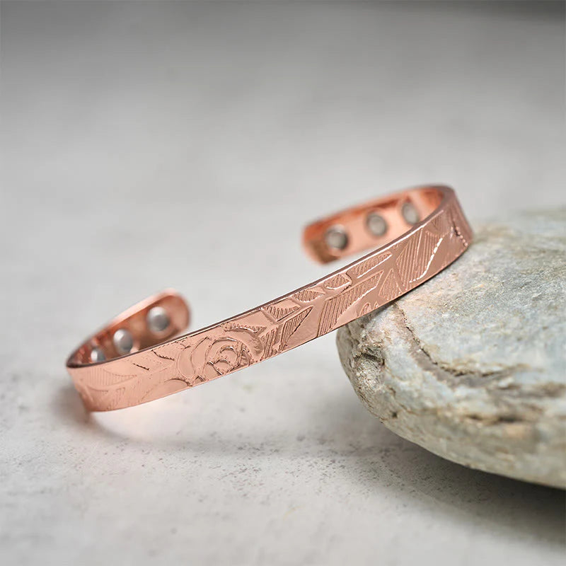 Buddha Stones Rose Flower Pattern Copper Balance Luck Open Cuff Bracelet Bangle