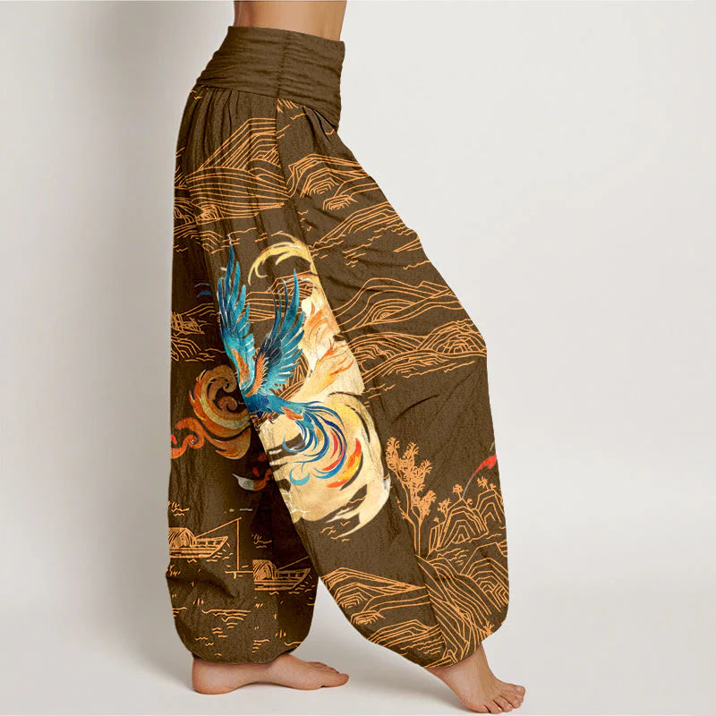 Buddha Stones Phoenix Mountains Landscape Pattern Women's Elastic Waist Harem Pure Cotton Pants