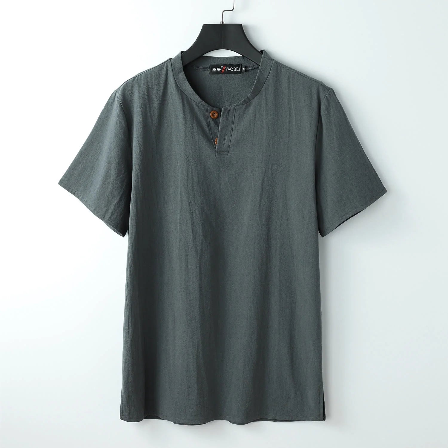 Buddha Stones Loose Men's T-shirt Solid Color Top Short Sleeve Button Notched Neck Soft Shirt