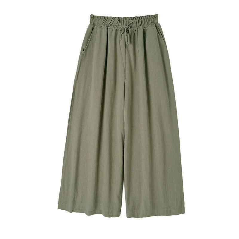 Buddha Stones Women's Pure Color Drawstring Cotton Linen Wide Leg Ankle-Length Pants With Pockets