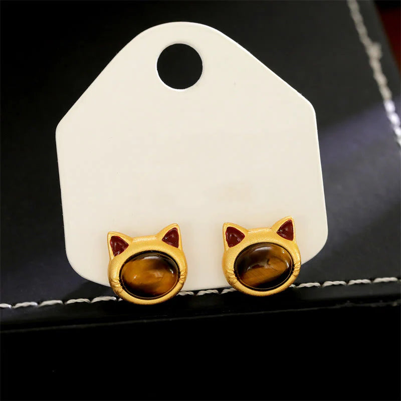 Buddha Stones Turquoise Tiger Eye Cat Head Design Copper Protection Stud Earrings