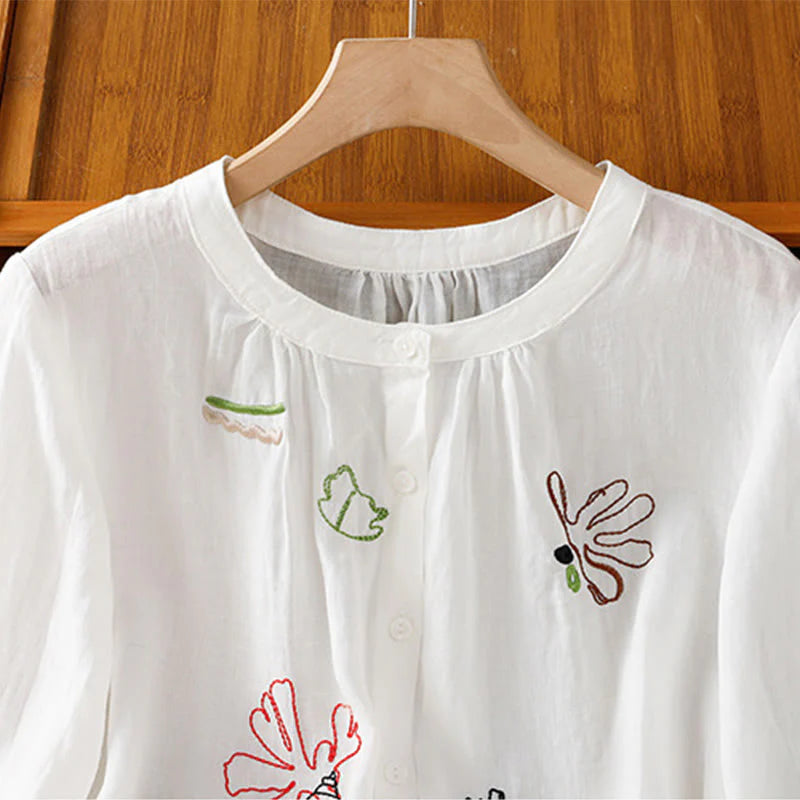 Buddha Stones Coral Gourd Pattern Crew Neck Half Sleeve Women's Polyester Shirt