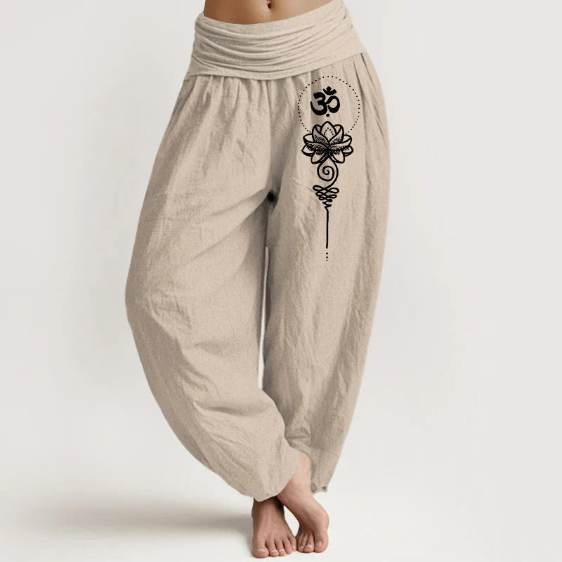 Buddha Stones Pure Cotton Minimalist Style Om Symbol Lotus Pattern Women's Elastic Waist Harem Pants