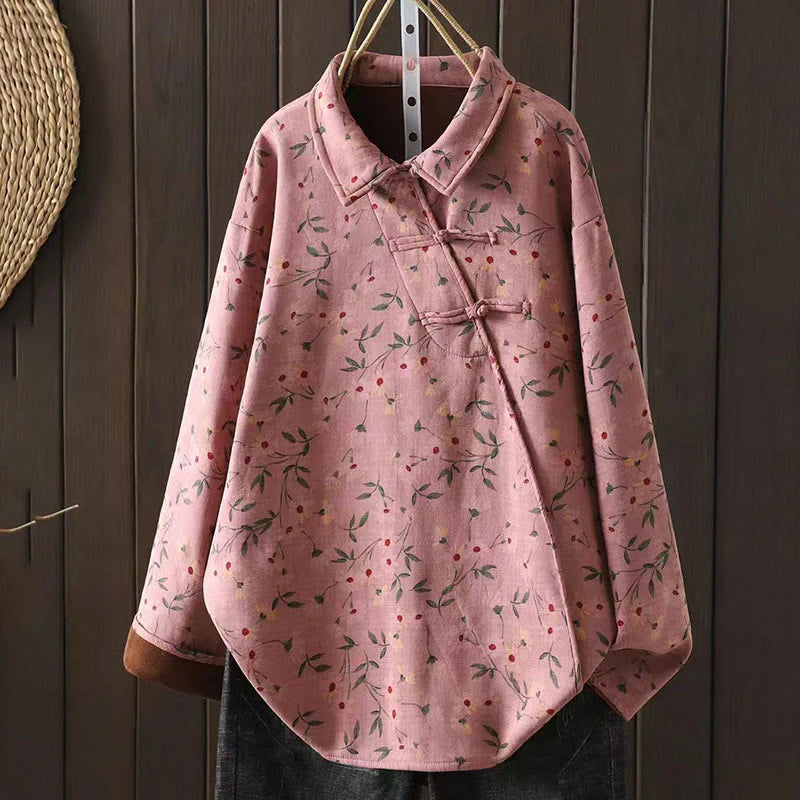 Buddha Stones Winter Flower Green Leaves Frog-Button Stand Collar Long Sleeve Women's Cotton Shirt