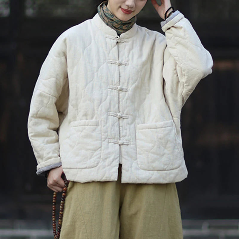 Buddha Stones Winter Curved Lines Frog-Button Ramie Cotton Long Sleeve Women's Thermal Jacket With Pockets