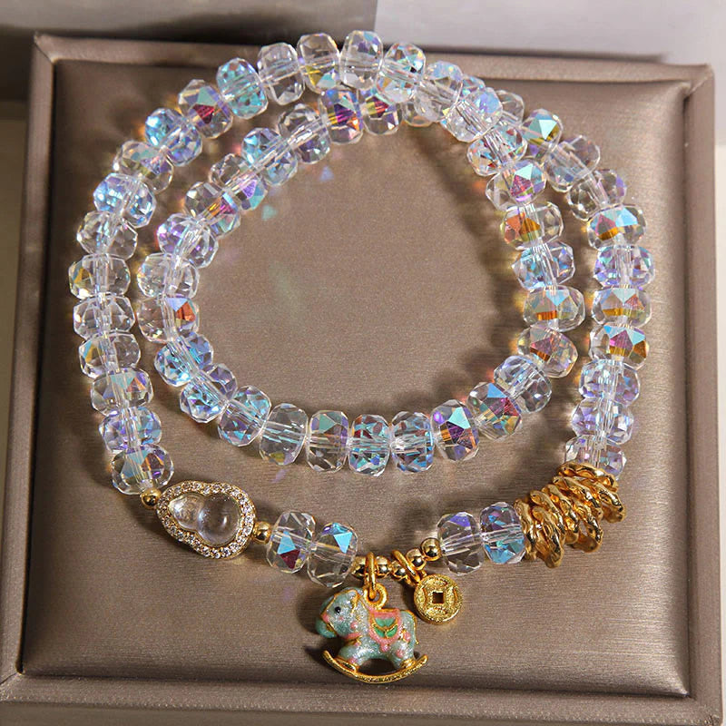 Buddha Stones Chinese Zodiac Year Of The Horse Crystal Glass Copper Coin Gourd Double Wrap Bracelet